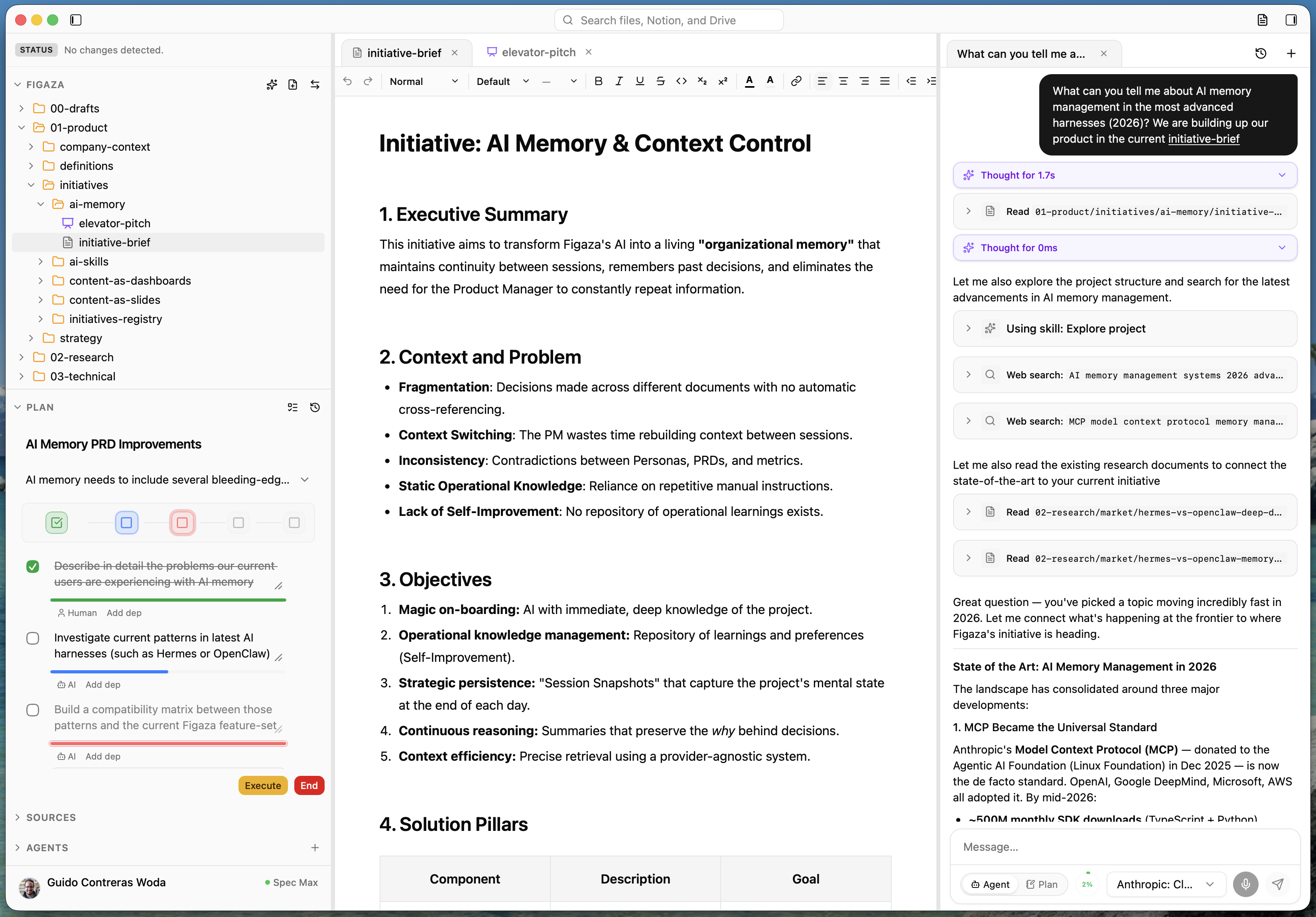 Figaza desktop workspace with project tree, plan, document editor, and AI chat